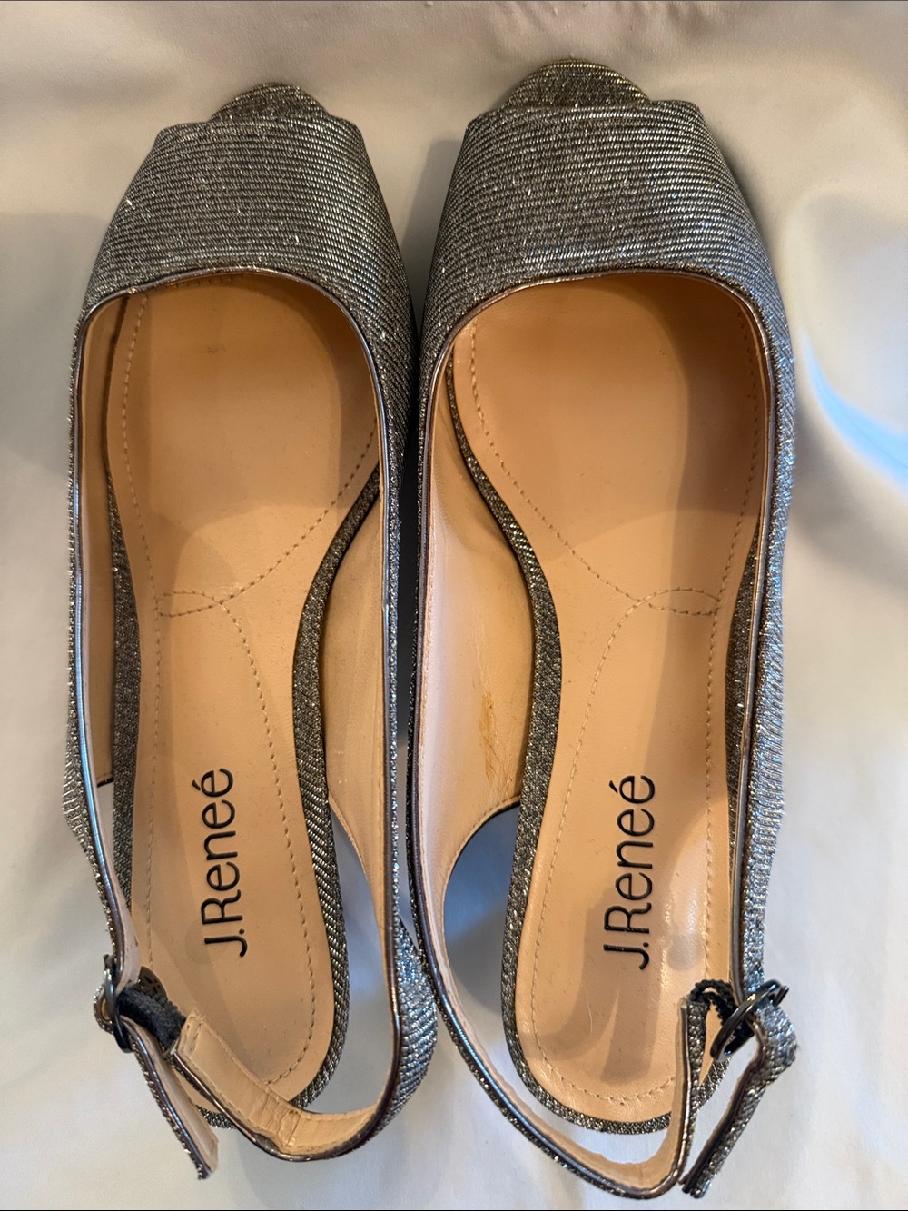 J. Renee Silver Slingback Peep Toe Flats